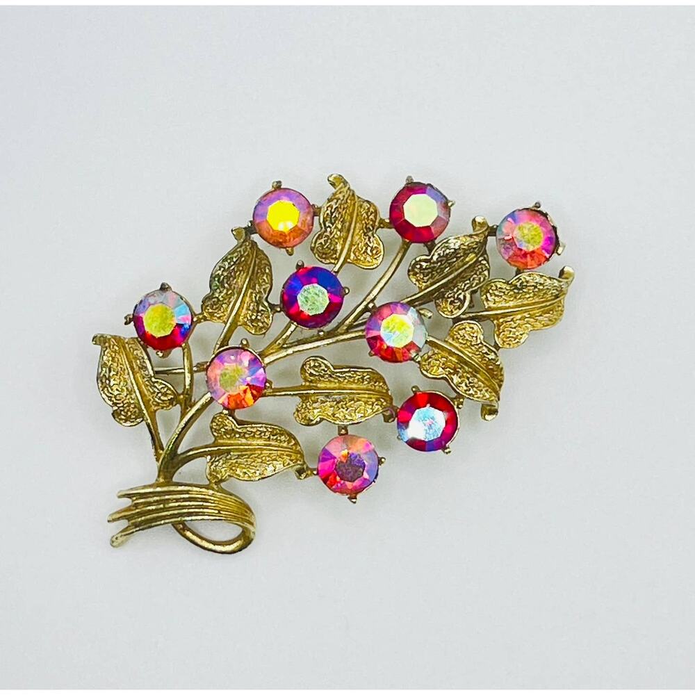 Vintage Coro Signed Brooch Red AB Rhinestones Gold Tone Flower Branches 2.5"